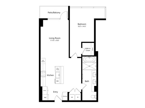Floor plan for 1 bed, 1 bath, 905 sqft